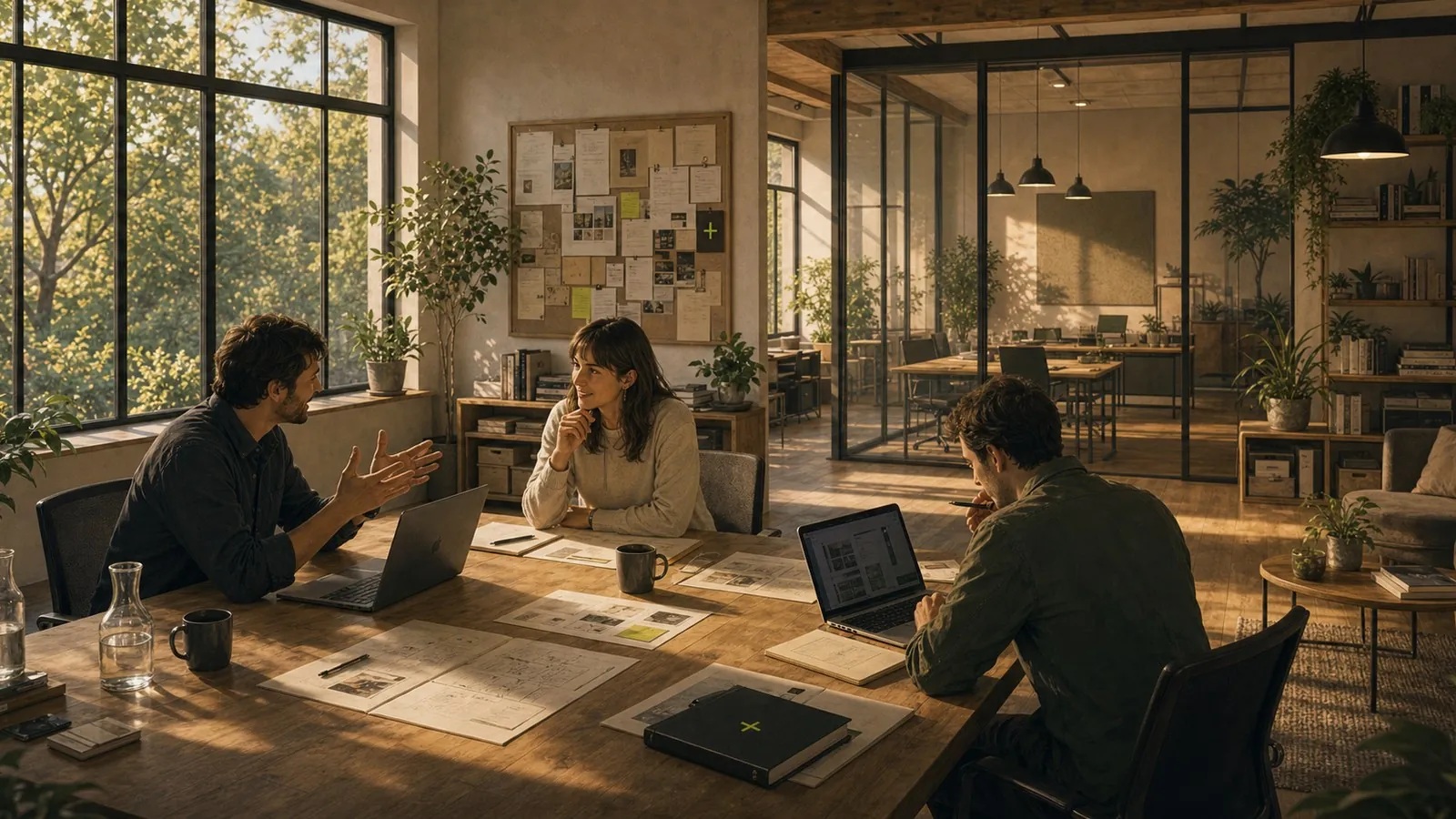 Professionals working through a practical session around a timber table in a sunlit modern office.