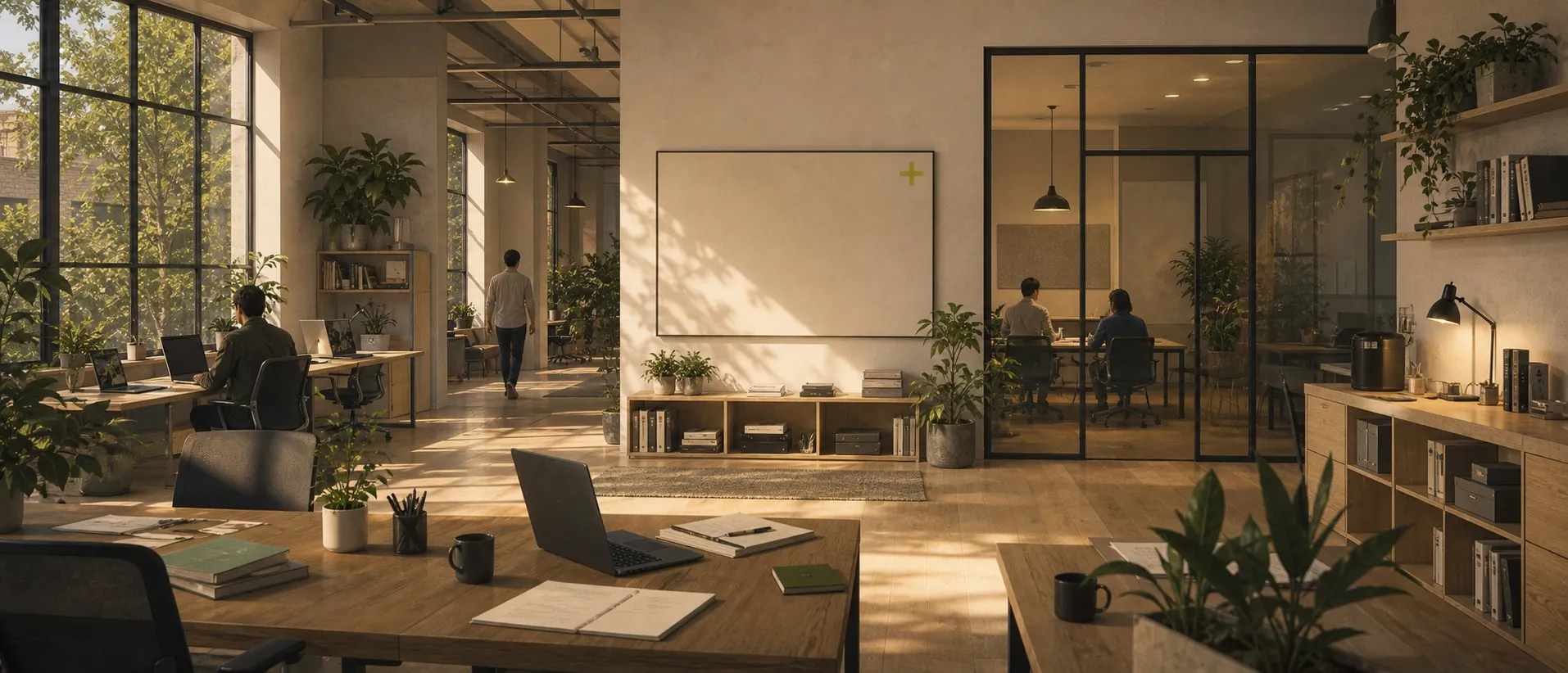 A warm modern office with timber desks, plants, glass meeting rooms, and a small Augmented plus mark.