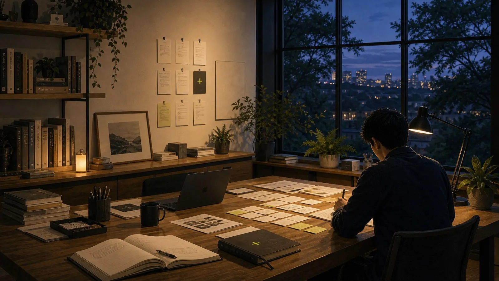 A focused blue-hour workspace with books, plants, a laptop, and a personal capability wall.