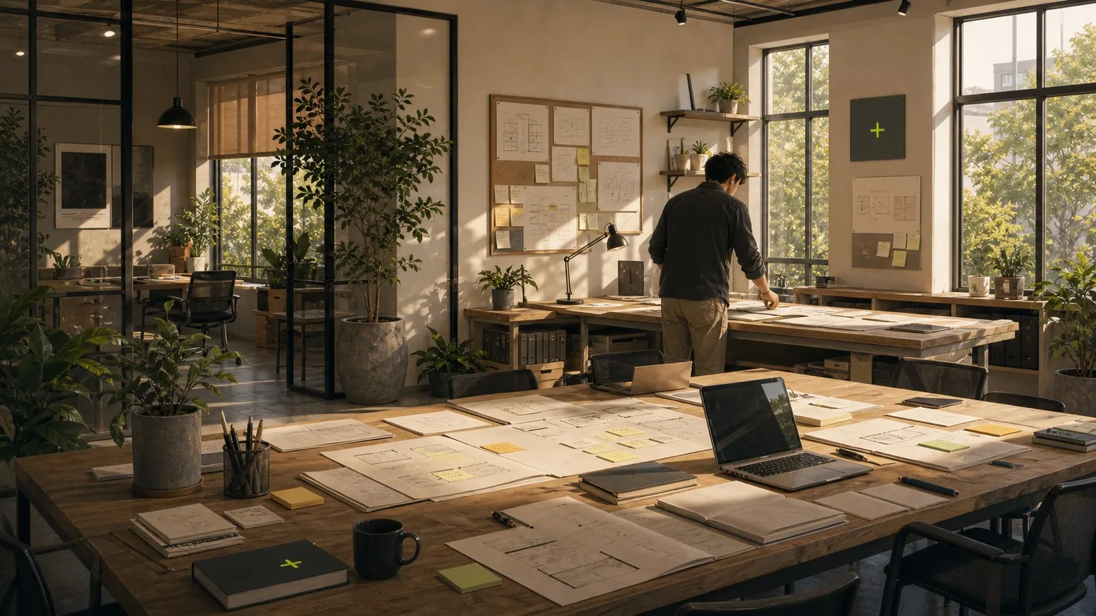 A modern project room with laptops, process sketches, plants, and a restrained Augmented plus mark.