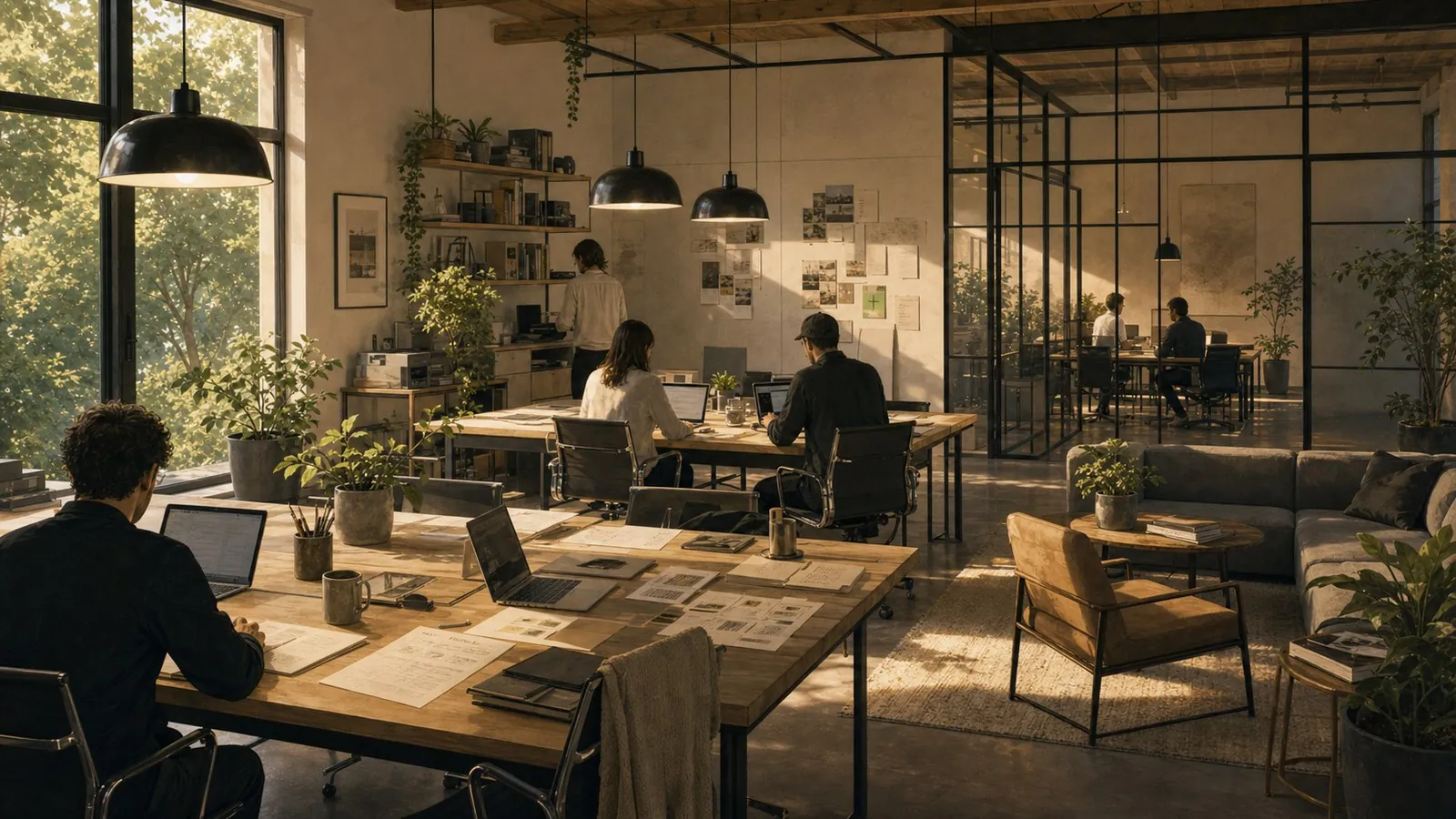 A warm open-plan office where a small team works across desks and meeting spaces.